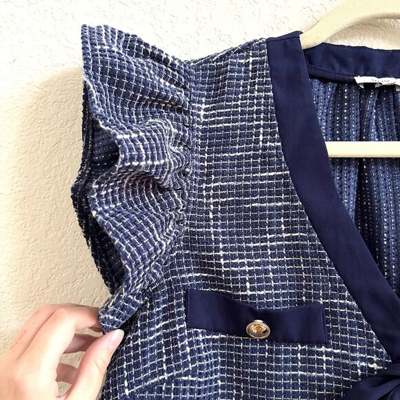 Voy Blue Tweed V-Neck Dress with Contrast Ribbon and Flutter Sleeve Sz S - Picture 3 of 11